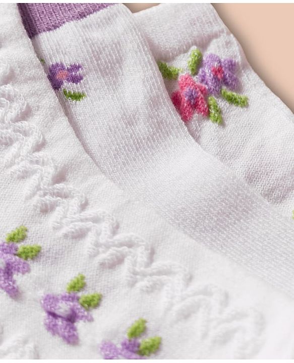 Cute Walk by Babyhug Non Terry Cotton Knit Ankle Length Anti Bacterial Socks With Floral Design Pack Of 3 - Multicolour