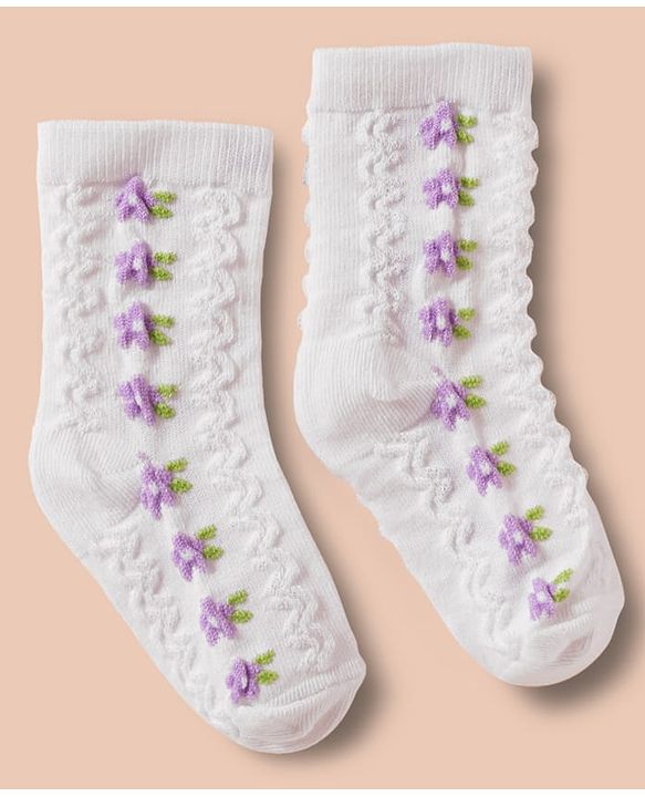 Cute Walk by Babyhug Non Terry Cotton Knit Ankle Length Anti Bacterial Socks With Floral Design Pack Of 3 - Multicolour