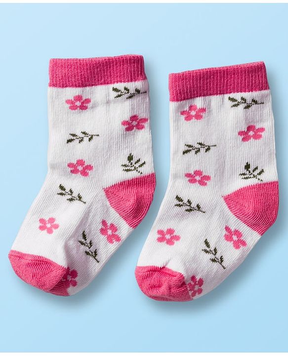Cute Walk by Babyhug Non Terry Cotton Knit Ankle Length Anti Bacterial Socks With Polka Dots & Floral Design Pack Of 3 - Multicolour