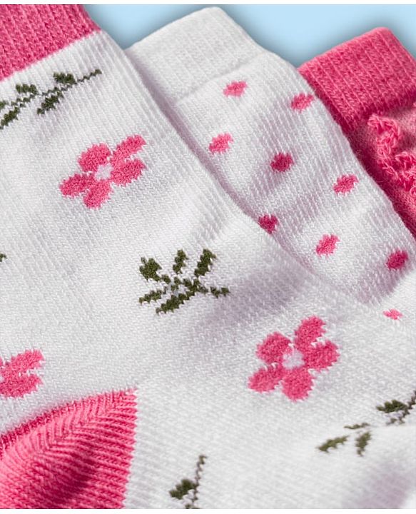 Cute Walk by Babyhug Non Terry Cotton Knit Ankle Length Anti Bacterial Socks With Polka Dots & Floral Design Pack Of 3 - Multicolour