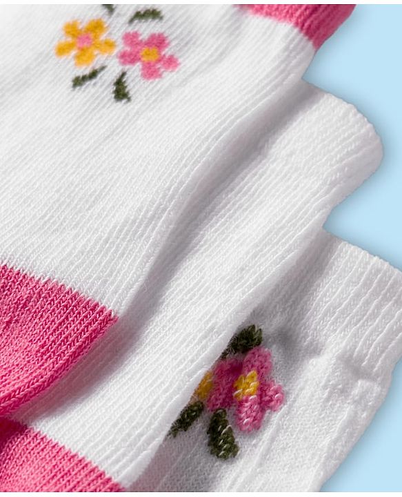 Cute Walk by Babyhug Non Terry Cotton Knit Ankle Length Anti Bacterial Socks With Floral Design Pack Of 3 - Multicolour