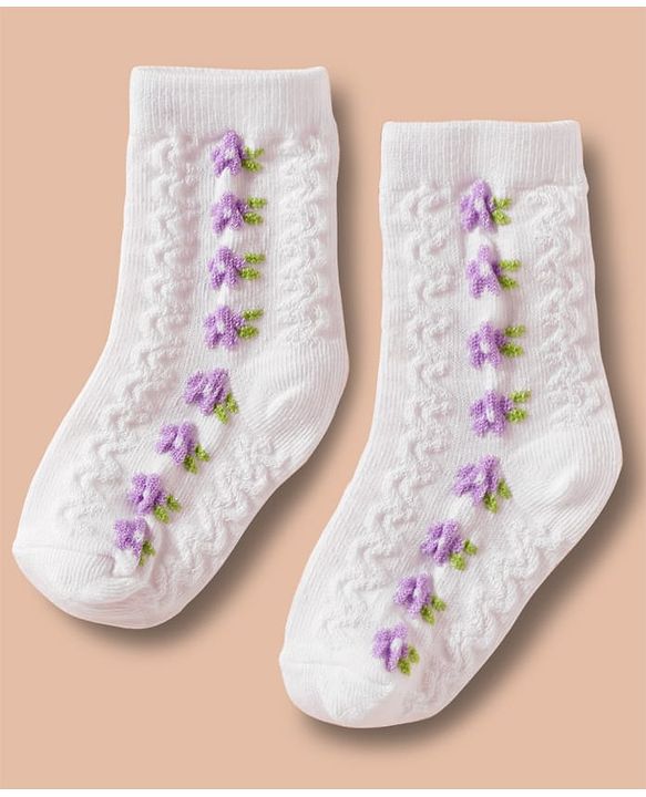 Cute Walk by Babyhug Non Terry Cotton Knit Ankle Length Anti Bacterial Socks With Floral Design Pack Of 3 - Multicolour