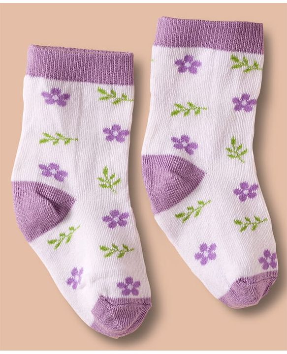 Cute Walk by Babyhug Non Terry Cotton Knit Ankle Length Anti Bacterial Socks With Floral Design Pack Of 3 - Multicolour