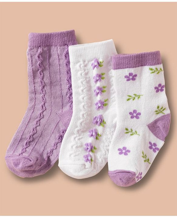 Cute Walk by Babyhug Non Terry Cotton Knit Ankle Length Anti Bacterial Socks With Floral Design Pack Of 3 - Multicolour