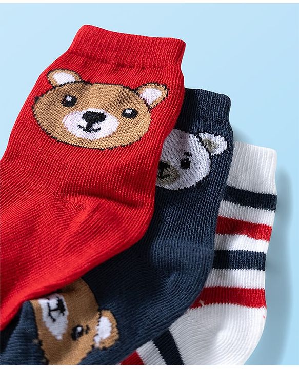 Cute Walk by Babyhug Ankle Length Anti Bacterial Socks with Bear Design Pack of 3 - Red White & Navy