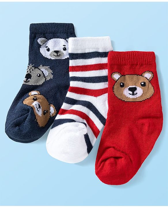 Cute Walk by Babyhug Ankle Length Anti Bacterial Socks with Bear Design Pack of 3 - Red White & Navy