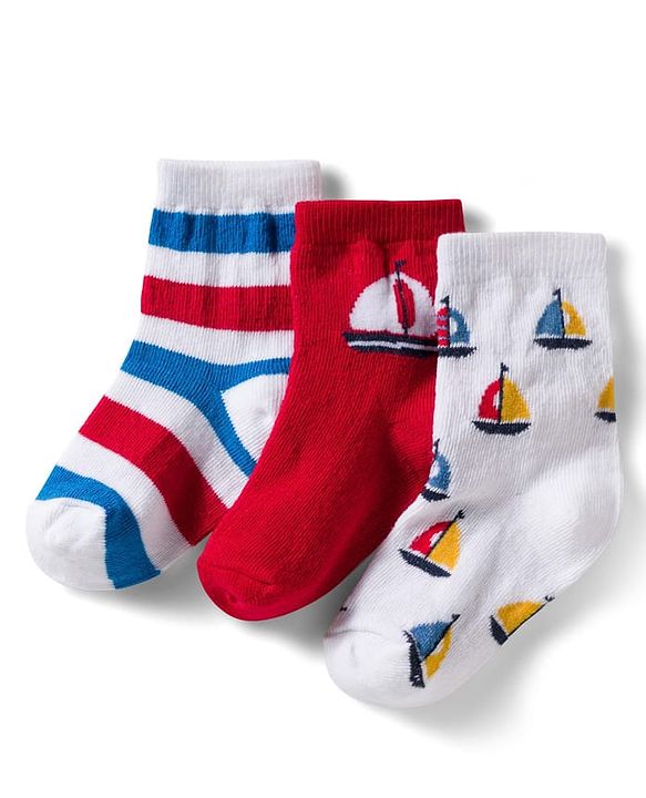 Cute Walk by Babyhug Non Terry Knit Ankle Length Anti Bacterial Socks With Stripes & Boat Design Pack of 3 - Red Blue & White