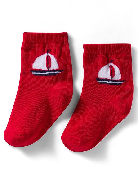 Cute Walk by Babyhug Non Terry Knit Ankle Length Anti Bacterial Socks With Stripes & Boat Design Pack of 3 - Red Blue & White
