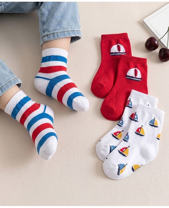 Cute Walk by Babyhug Non Terry Knit Ankle Length Anti Bacterial Socks With Stripes & Boat Design Pack of 3 - Red Blue & White