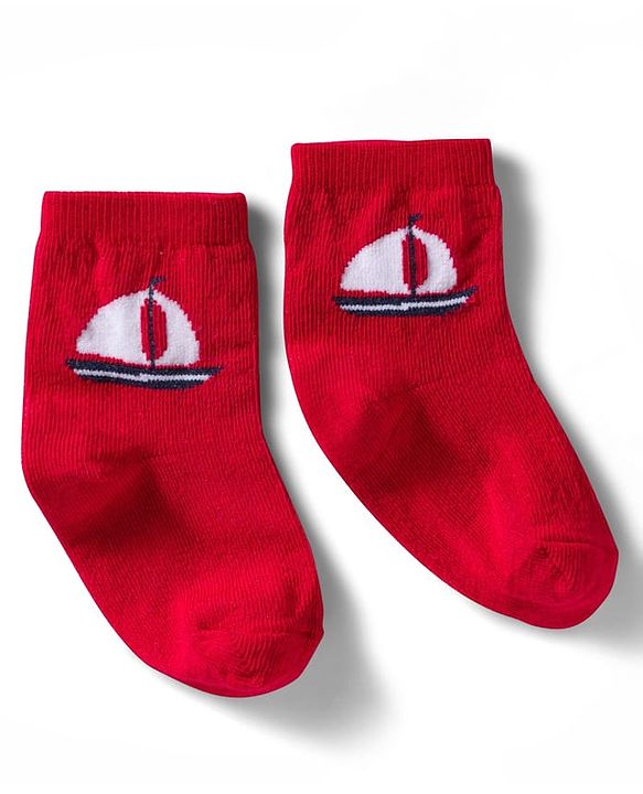 Cute Walk by Babyhug Non Terry Knit Ankle Length Anti Bacterial Socks With Stripes & Boat Design Pack of 3 - Red Blue & White
