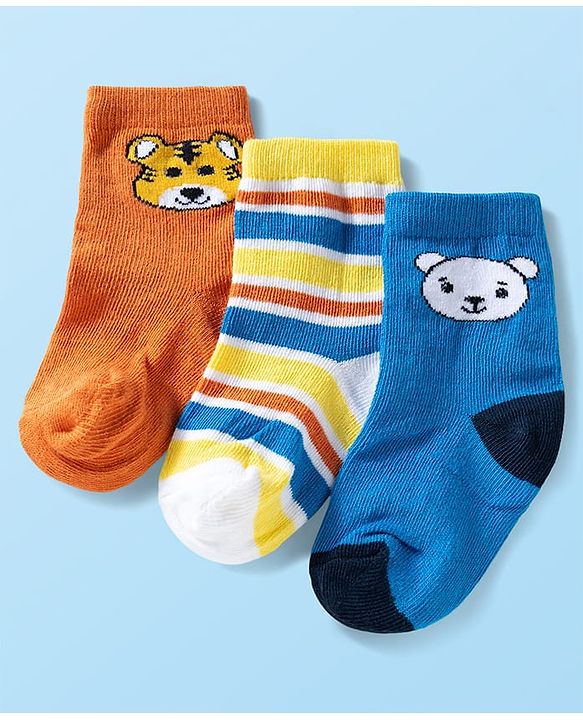 Cute Walk by Babyhug Ankle Length Anti Bacterial Socks with Animal Design Pack of 3 - Blue White & Orange