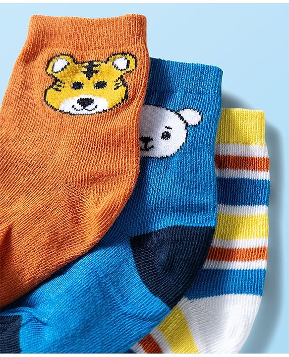 Cute Walk by Babyhug Ankle Length Anti Bacterial Socks with Animal Design Pack of 3 - Blue White & Orange