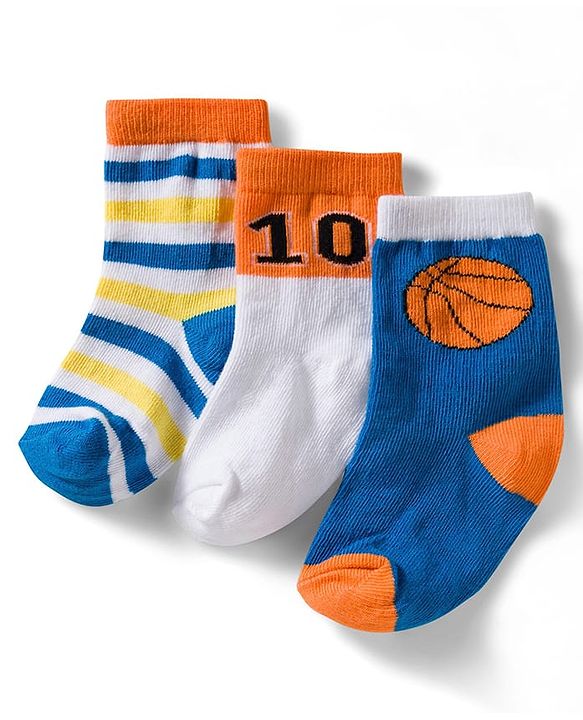 Cute Walk by Babyhug Non Terry Knit Ankle Length Anti Bacterial Socks With Stripes & Basketball Design Pack of 3 - Orange Blue & White
