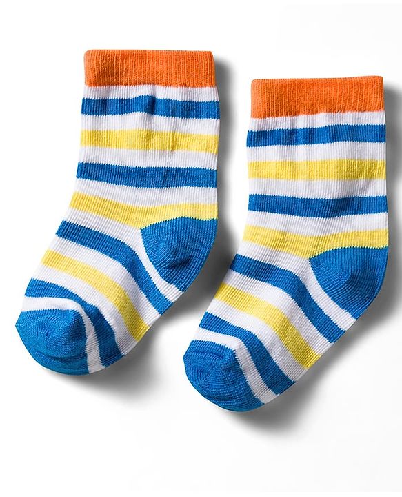 Cute Walk by Babyhug Non Terry Knit Ankle Length Anti Bacterial Socks With Stripes & Basketball Design Pack of 3 - Orange Blue & White