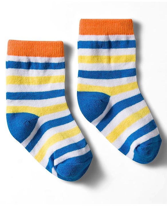Cute Walk by Babyhug Non Terry Knit Ankle Length Anti Bacterial Socks With Stripes & Basketball Design Pack of 3 - Orange Blue & White