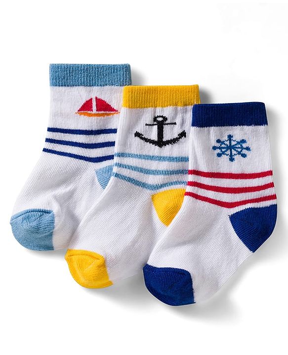 Cute Walk by Babyhug Non Terry Knit Ankle Length Anti Bacterial Socks With Stripes & Nautical Theme Design Pack of 3 - Yellow Blue & White