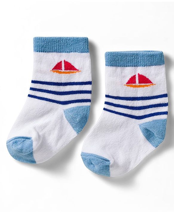 Cute Walk by Babyhug Non Terry Knit Ankle Length Anti Bacterial Socks With Stripes & Nautical Theme Design Pack of 3 - Yellow Blue & White