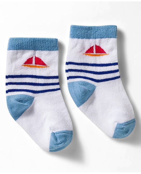 Cute Walk by Babyhug Non Terry Knit Ankle Length Anti Bacterial Socks With Stripes & Nautical Theme Design Pack of 3 - Yellow Blue & White