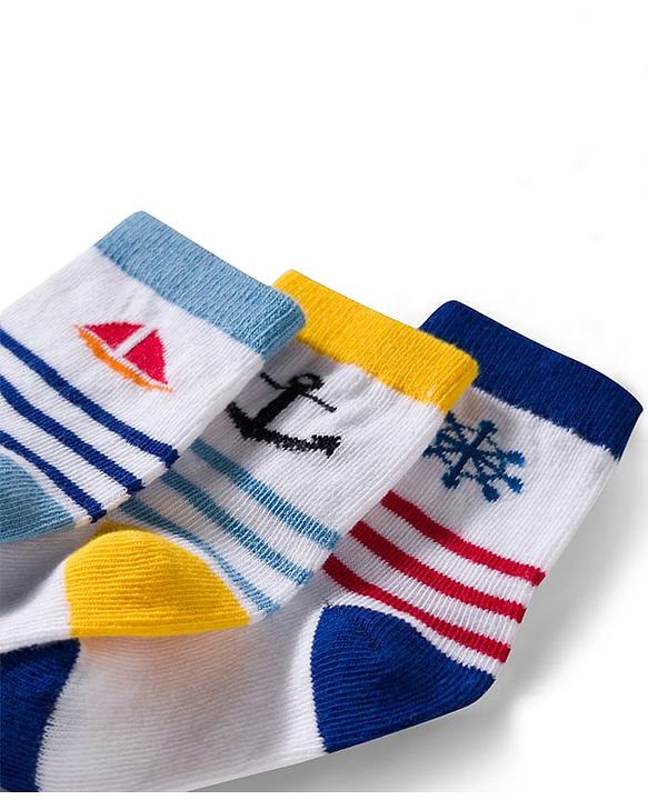 Cute Walk by Babyhug Non Terry Knit Ankle Length Anti Bacterial Socks With Stripes & Nautical Theme Design Pack of 3 - Yellow Blue & White