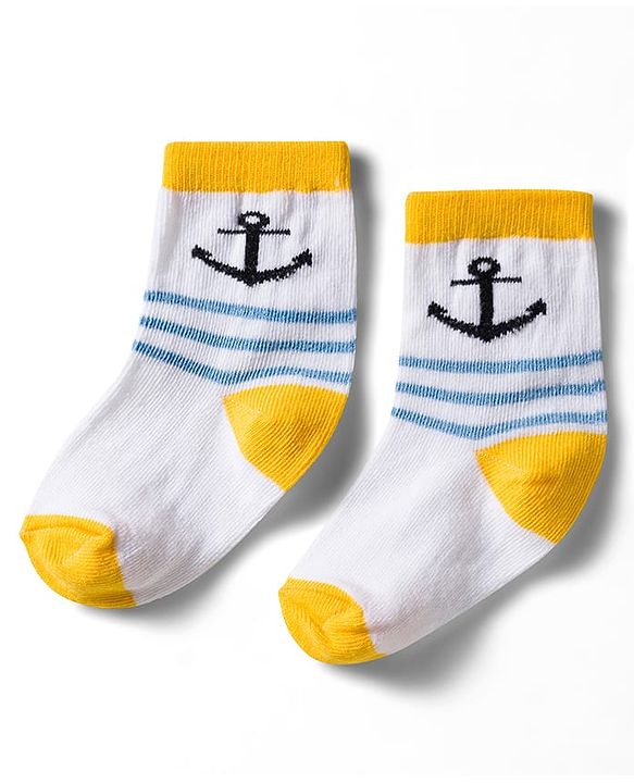 Cute Walk by Babyhug Non Terry Knit Ankle Length Anti Bacterial Socks With Stripes & Nautical Theme Design Pack of 3 - Yellow Blue & White
