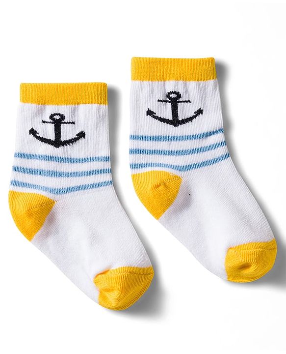 Cute Walk by Babyhug Non Terry Knit Ankle Length Anti Bacterial Socks With Stripes & Nautical Theme Design Pack of 3 - Yellow Blue & White