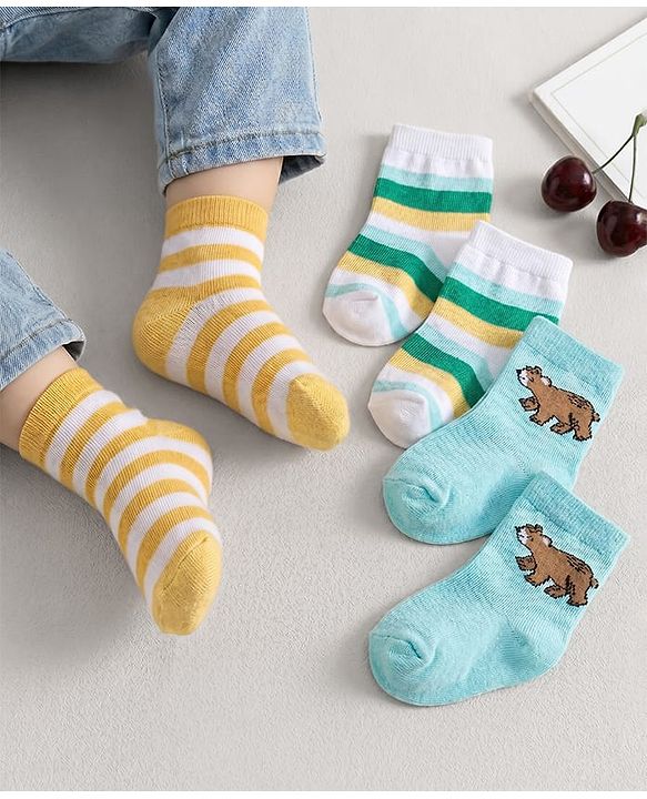 Cute Walk by Babyhug Non Terry Knit Ankle Length Anti Bacterial Striped & Bear Designed Socks Pack of 3 - Multicolor