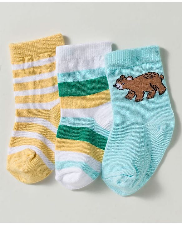Cute Walk by Babyhug Non Terry Knit Ankle Length Anti Bacterial Striped & Bear Designed Socks Pack of 3 - Multicolor