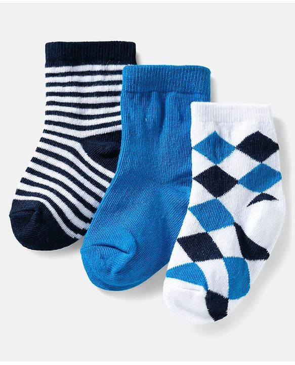 Cute Walk by Babyhug Ankle Length Anti Bacterial Socks with Diamond Design Pack of 3 - Blue & White
