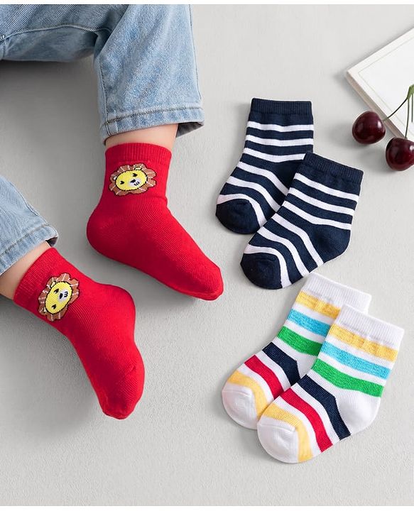 Cute Walk by Babyhug Non Terry Knit Ankle Length Anti Bacterial Striped & Lion Designed Socks Pack of 3 - Multicolor
