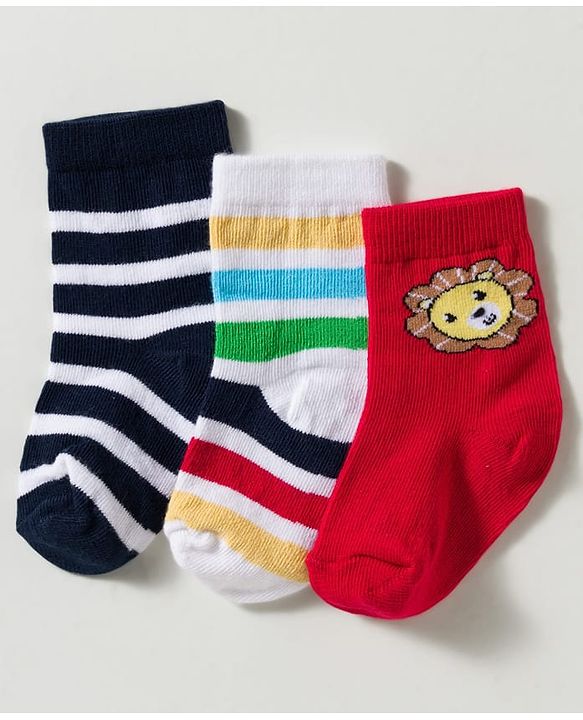 Cute Walk by Babyhug Non Terry Knit Ankle Length Anti Bacterial Striped & Lion Designed Socks Pack of 3 - Multicolor