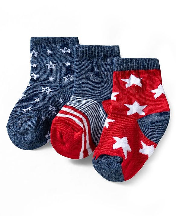 Cute Walk by Babyhug Ankle Length Anti Bacterial Socks with Star Design Pack of 3 - Navy