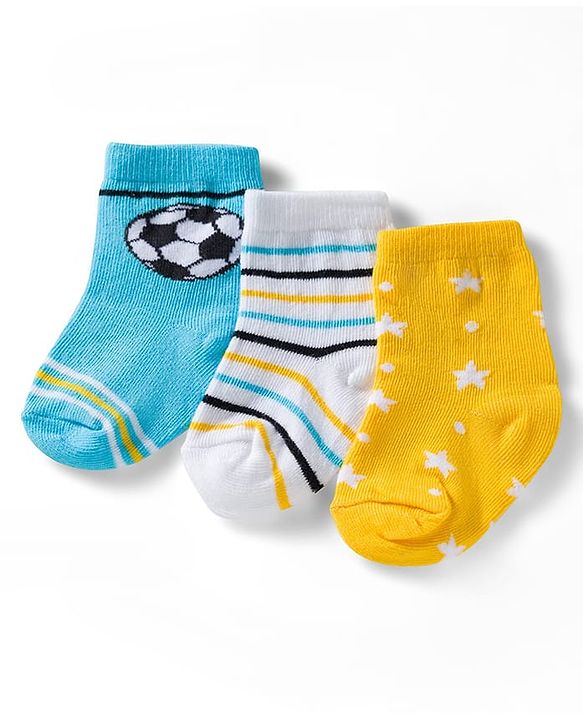 Cute Walk by Babyhug Ankle Length Anti Bacterial Socks with Star & Foot Ball Design Pack of 3 - Yellow Blue & White