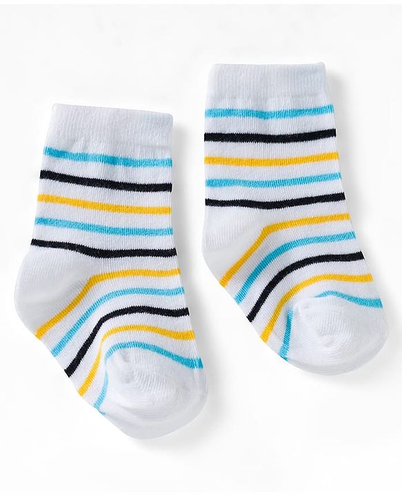 Cute Walk by Babyhug Ankle Length Anti Bacterial Socks with Star & Foot Ball Design Pack of 3 - Yellow Blue & White