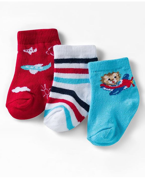 Cute Walk by Babyhug Ankle Length Anti Bacterial Socks with Lion & Airplane Design Pack of 3 - Red  Blue & White