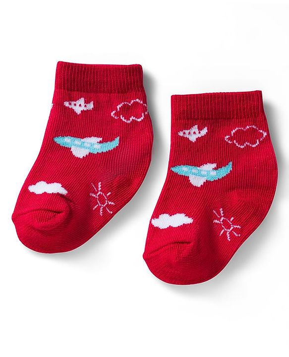 Cute Walk by Babyhug Ankle Length Anti Bacterial Socks with Lion & Airplane Design Pack of 3 - Red  Blue & White