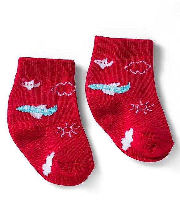Cute Walk by Babyhug Ankle Length Anti Bacterial Socks with Lion & Airplane Design Pack of 3 - Red  Blue & White
