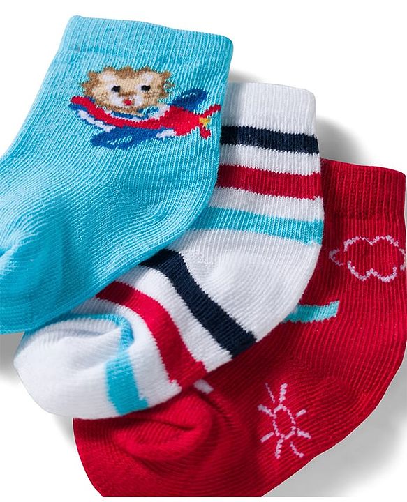 Cute Walk by Babyhug Ankle Length Anti Bacterial Socks with Lion & Airplane Design Pack of 3 - Red  Blue & White