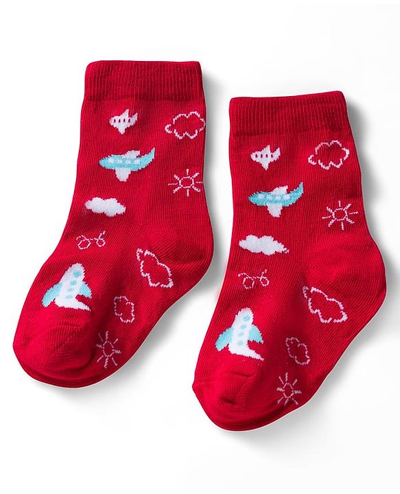 Cute Walk by Babyhug Ankle Length Anti Bacterial Socks with Lion & Airplane Design Pack of 3 - Red  Blue & White