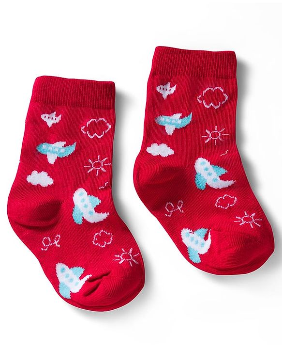 Cute Walk by Babyhug Ankle Length Anti Bacterial Socks with Lion & Airplane Design Pack of 3 - Red  Blue & White