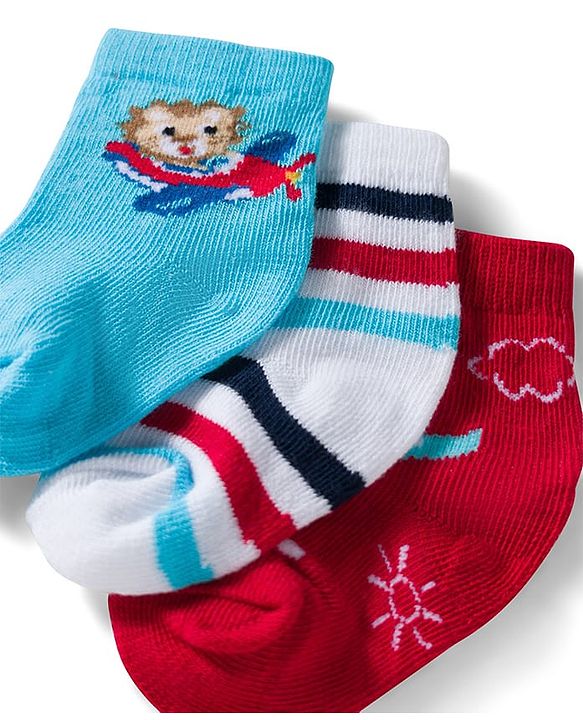 Cute Walk by Babyhug Ankle Length Anti Bacterial Socks with Lion & Airplane Design Pack of 3 - Red  Blue & White