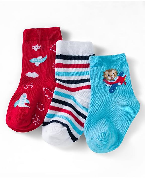 Cute Walk by Babyhug Ankle Length Anti Bacterial Socks with Lion & Airplane Design Pack of 3 - Red  Blue & White