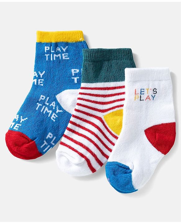 Cute Walk by Babyhug Ankle Length Anti Bacterial Socks with Text Design Pack of 3 -  Blue & White