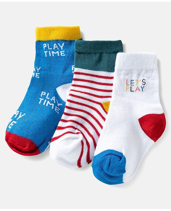 Cute Walk by Babyhug Ankle Length Anti Bacterial Socks with Text Design Pack of 3 -  Blue & White