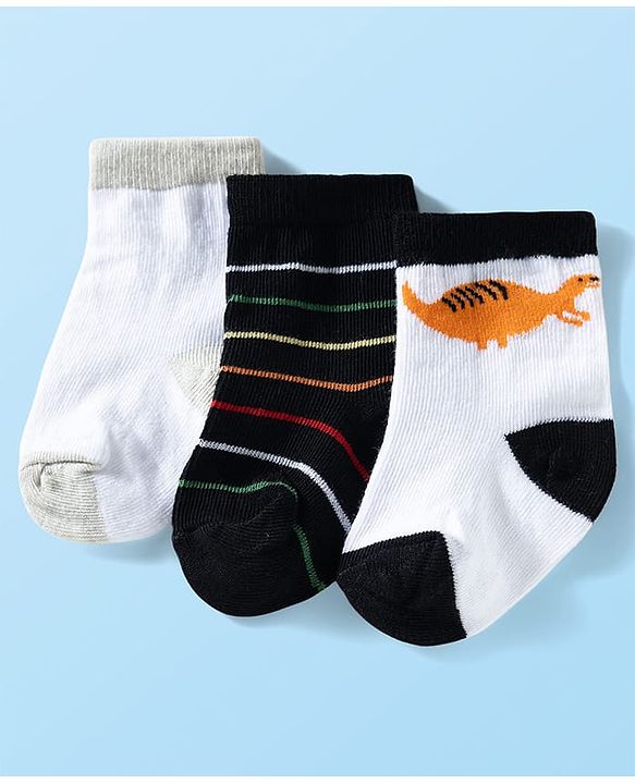 Cute Walk by Babyhug Ankle Length Anti Bacterial Socks with Dino Design Pack of 3 - Black & White