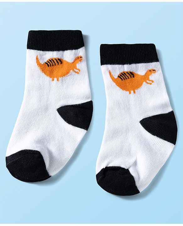 Cute Walk by Babyhug Ankle Length Anti Bacterial Socks with Dino Design Pack of 3 - Black & White