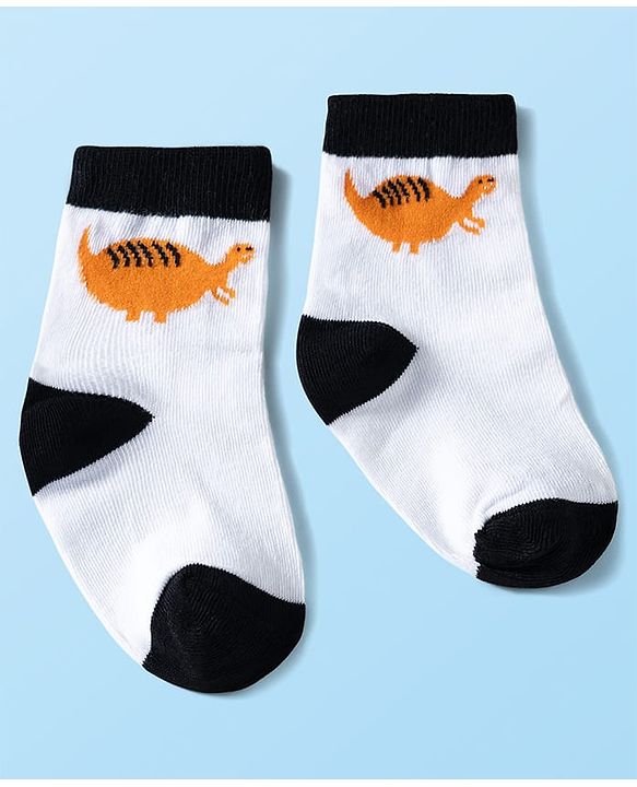 Cute Walk by Babyhug Ankle Length Anti Bacterial Socks with Dino Design Pack of 3 - Black & White