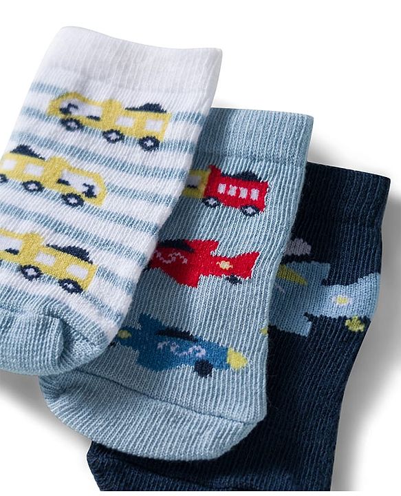 Cute Walk by Babyhug Ankle Length Anti Bacterial Socks with Vehicle Design Pack of 3 - Multicolour