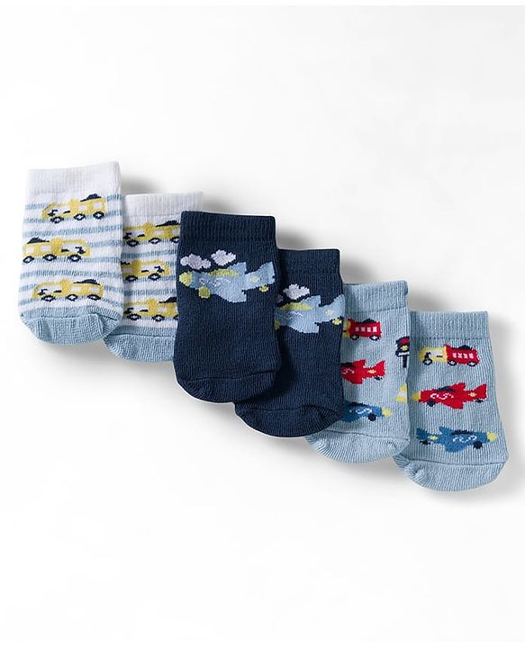 Cute Walk by Babyhug Ankle Length Anti Bacterial Socks with Vehicle Design Pack of 3 - Multicolour