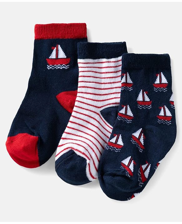 Cute Walk by Babyhug Ankle Length Anti Bacterial Socks with Boat Design Pack of 3 - Navy & White