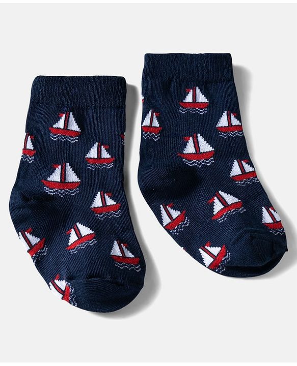 Cute Walk by Babyhug Ankle Length Anti Bacterial Socks with Boat Design Pack of 3 - Navy & White